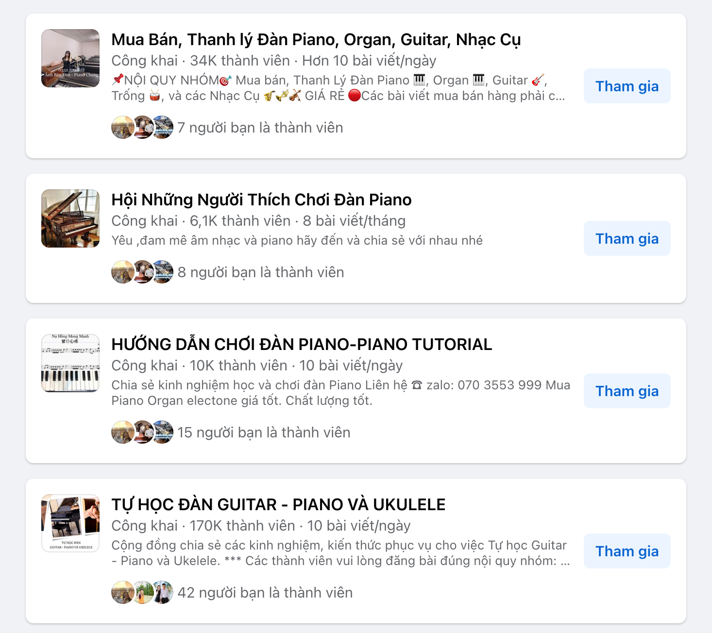 Diễn đàn mua bán đàn Piano trên Facebook