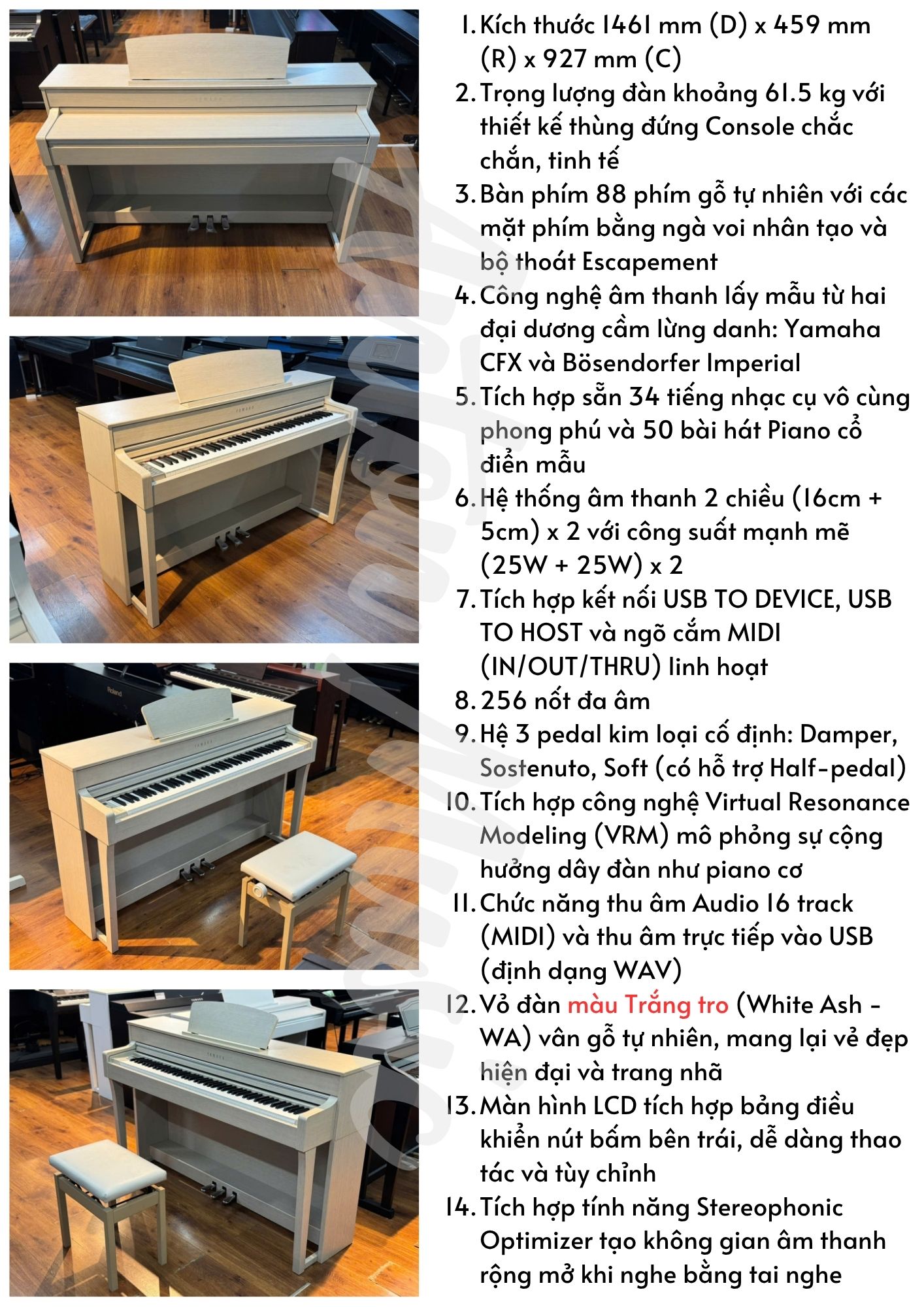 Đàn piano điện màu trắng kem ngà Yamaha CLP-545WA giá 22 triệu