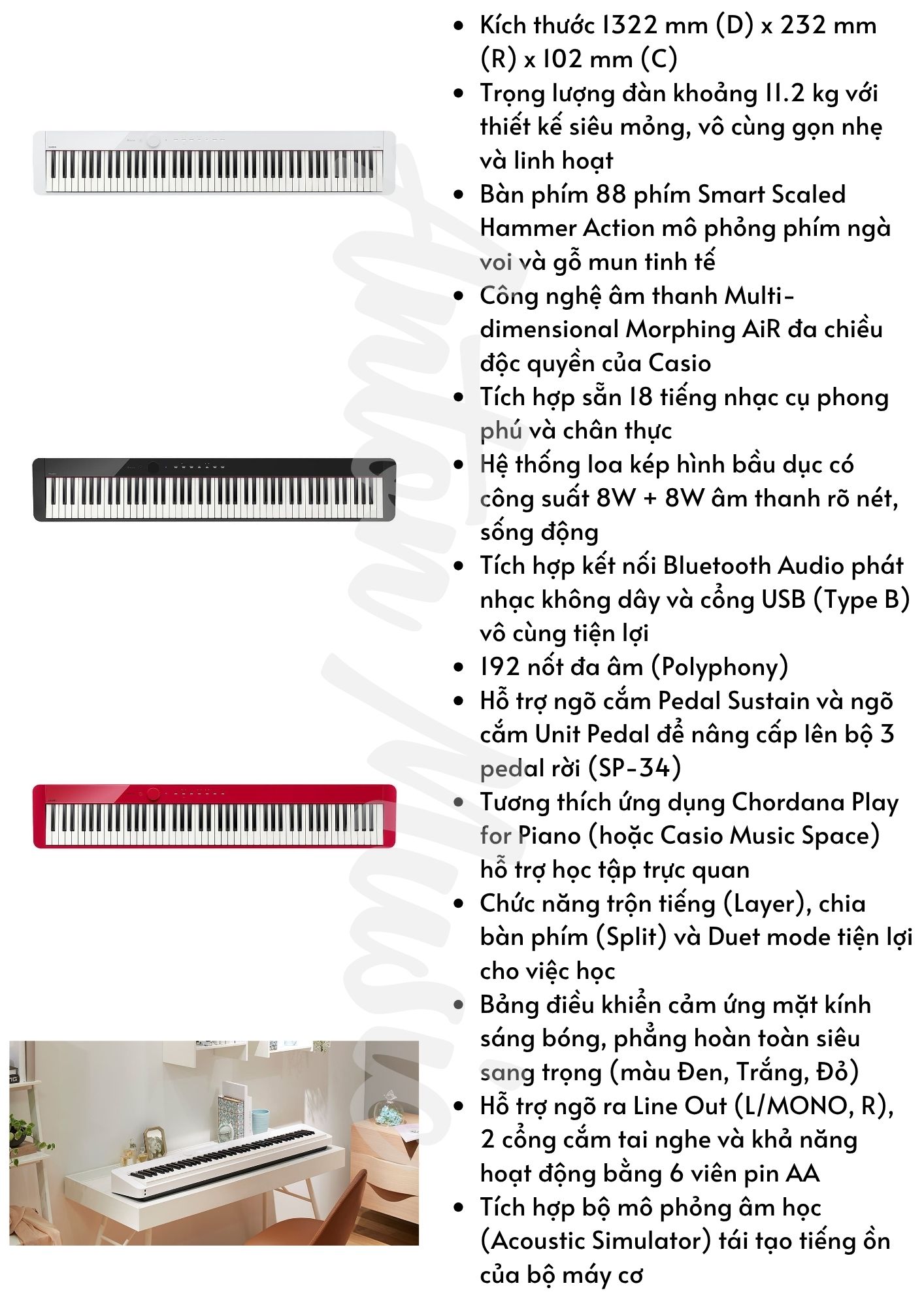 Đàn piano điện kiểu dáng siêu mỏng Casio PX-S1000 giá từ 11 triệu