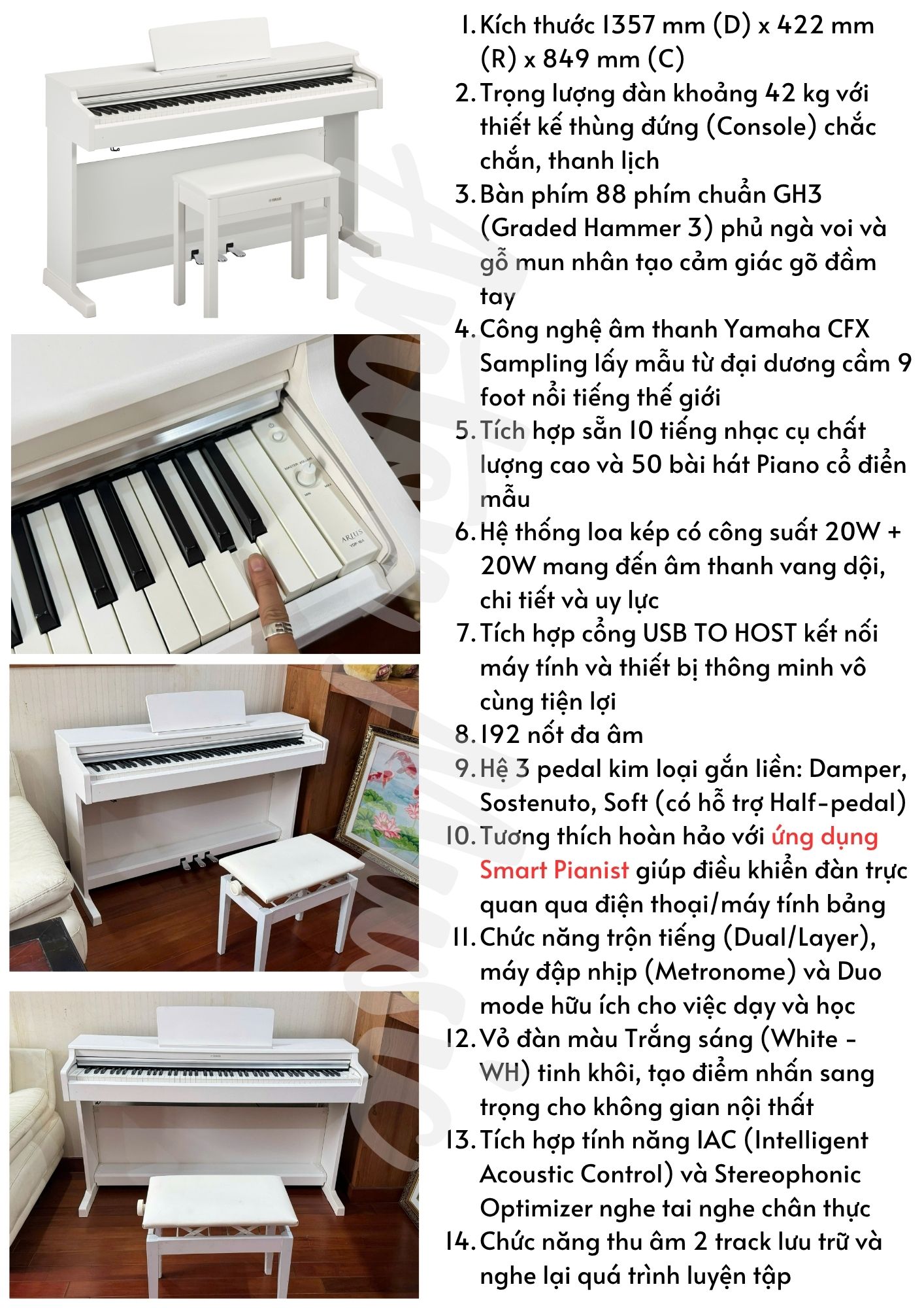 Đàn piano điện màu trắng sáng Yamaha YDP-164WH giá 18 triệu
