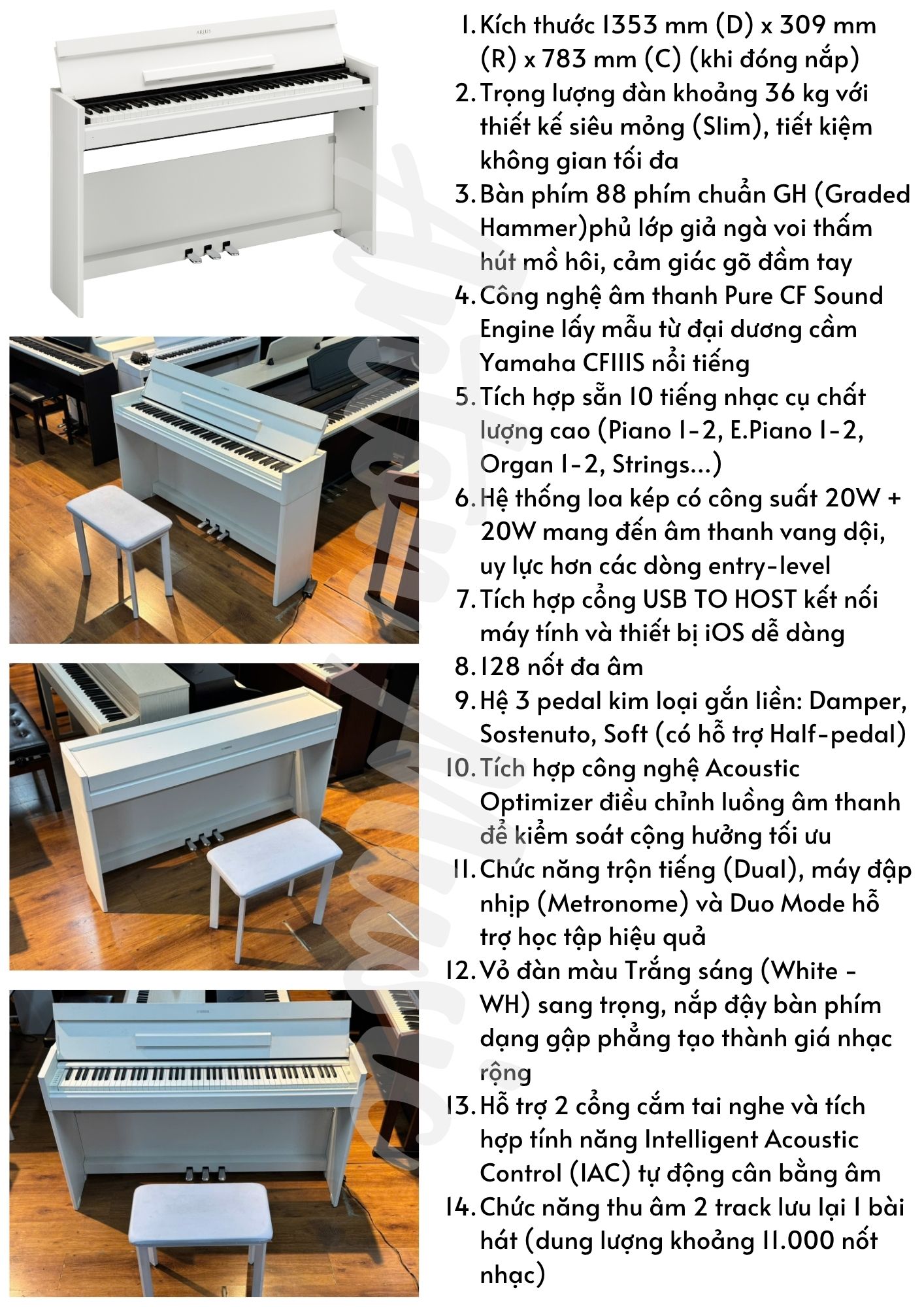 Đàn piano điện màu trắng sáng Yamaha YDP-S51WH giá 15 triệu