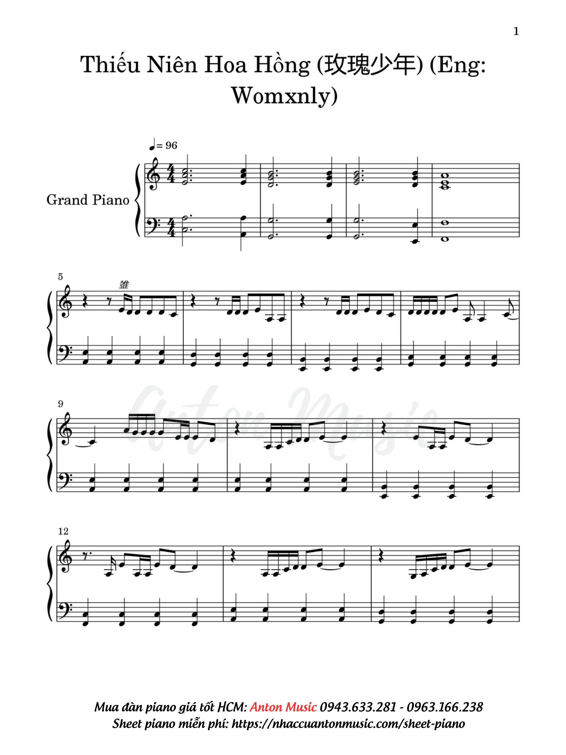 Sheet Piano Thiếu Niên Hoa Hồng (玫瑰少年) PDF Miễn Phí