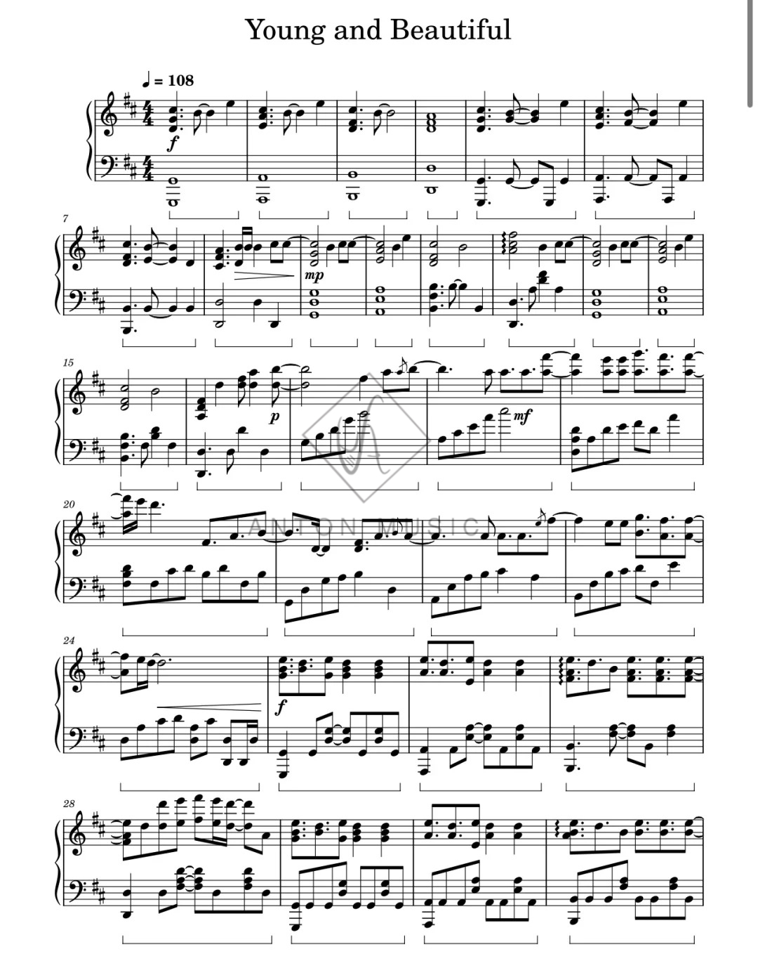 Sheet Piano Young And Beautiful - Lana Del Rey (Trang 1/5)