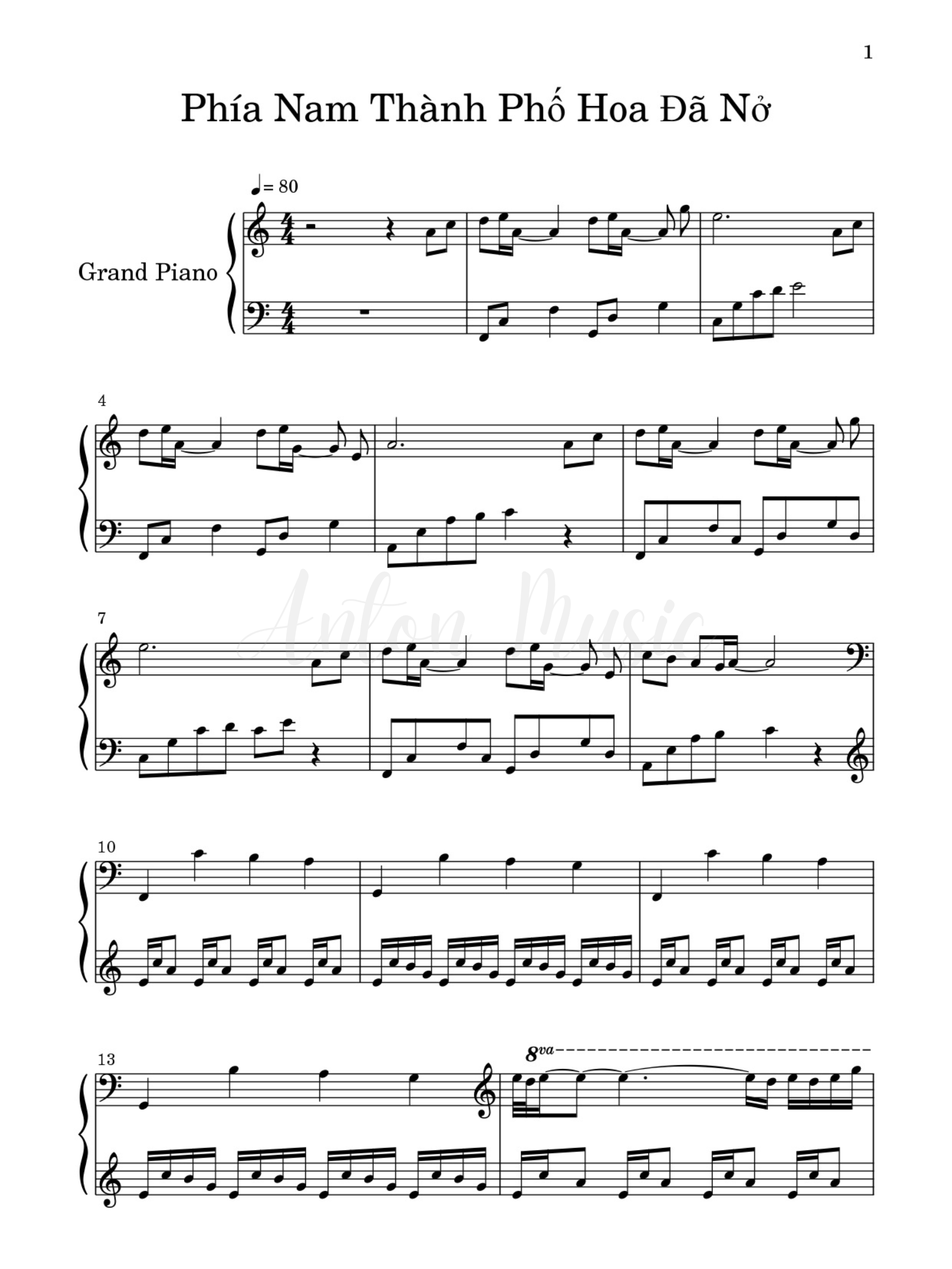 Sheet Piano Bản Nhạc Không Lời Phía Nam Thành Phố Hoa Đã Nở (城南花已开) - Tam Mẫu Địa