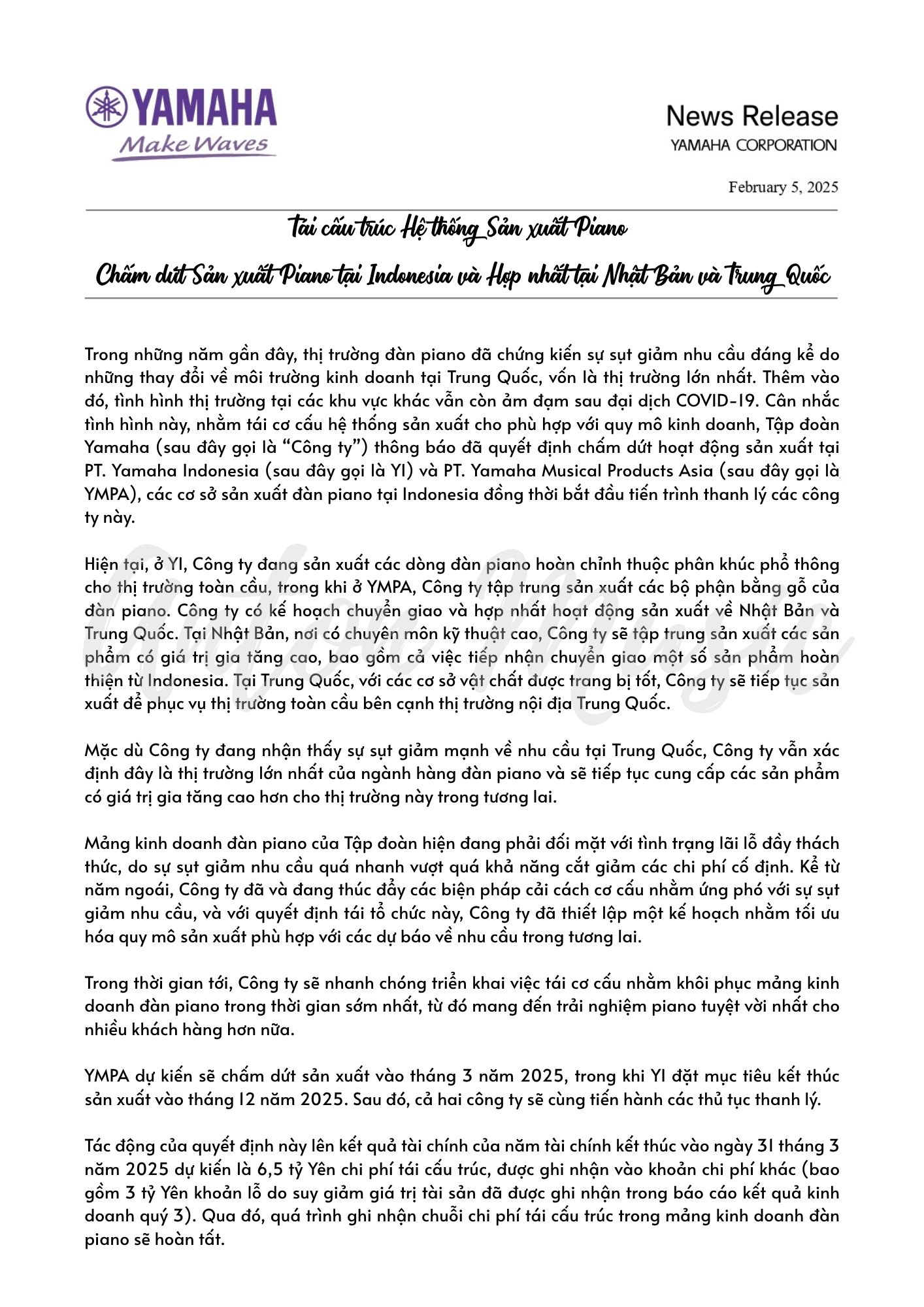Đàn piano Yamaha sản xuất ở đâu khi nhà máy Yamaha ở Indonesia đóng cửa?